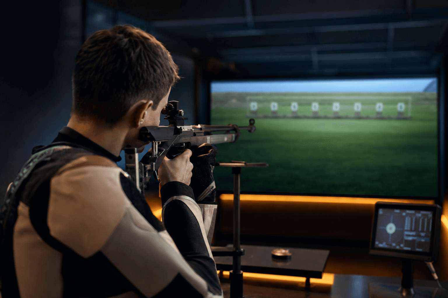 Competition sport shooter at an indoor precision Marksman simulator