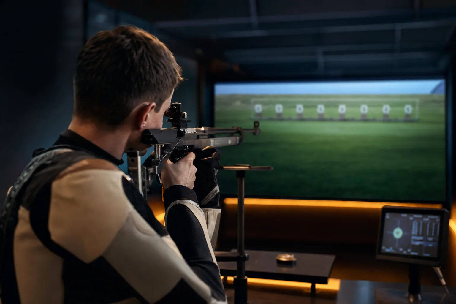 Competition sport shooter at an indoor precision Marksman simulator