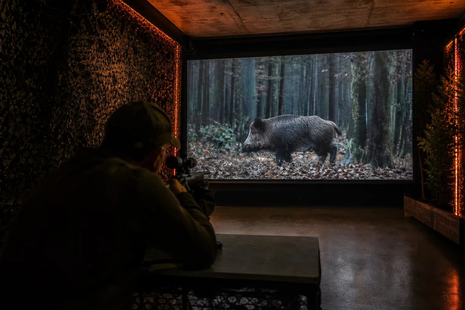 Hunter training at a federation indoor simulator with wildlife on screen