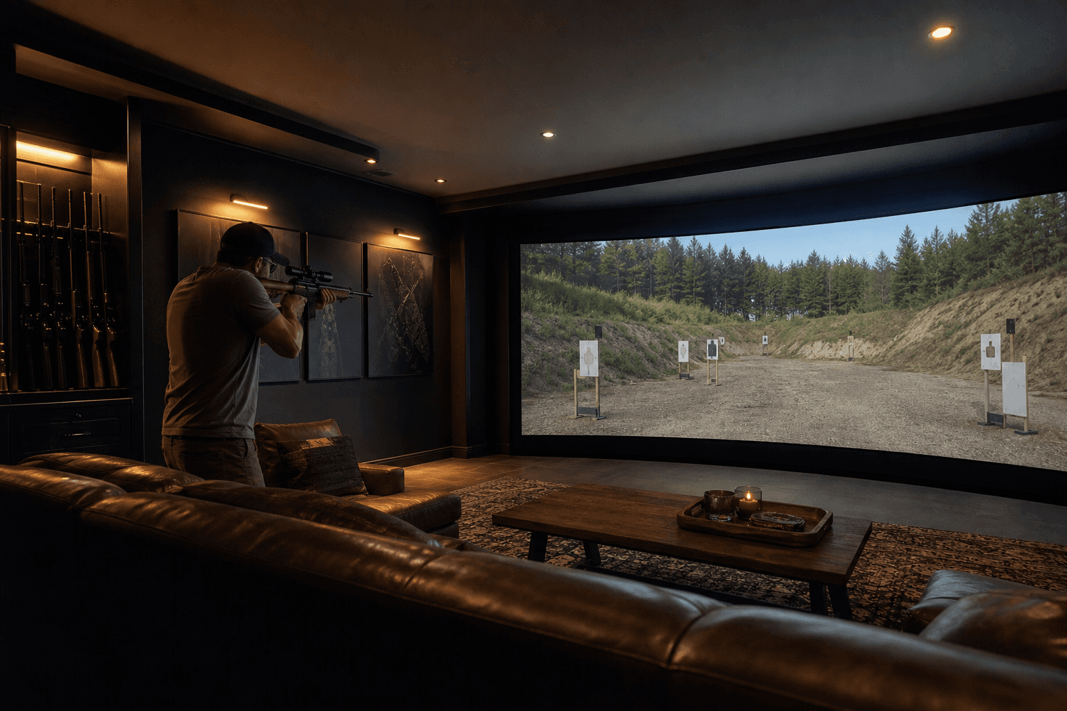 Private enthusiast practicing in a luxury home shooting simulator room