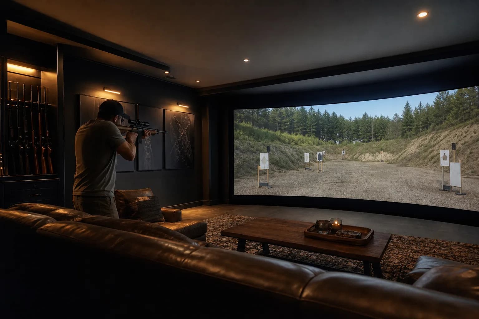 Private enthusiast practicing in a luxury home shooting simulator room