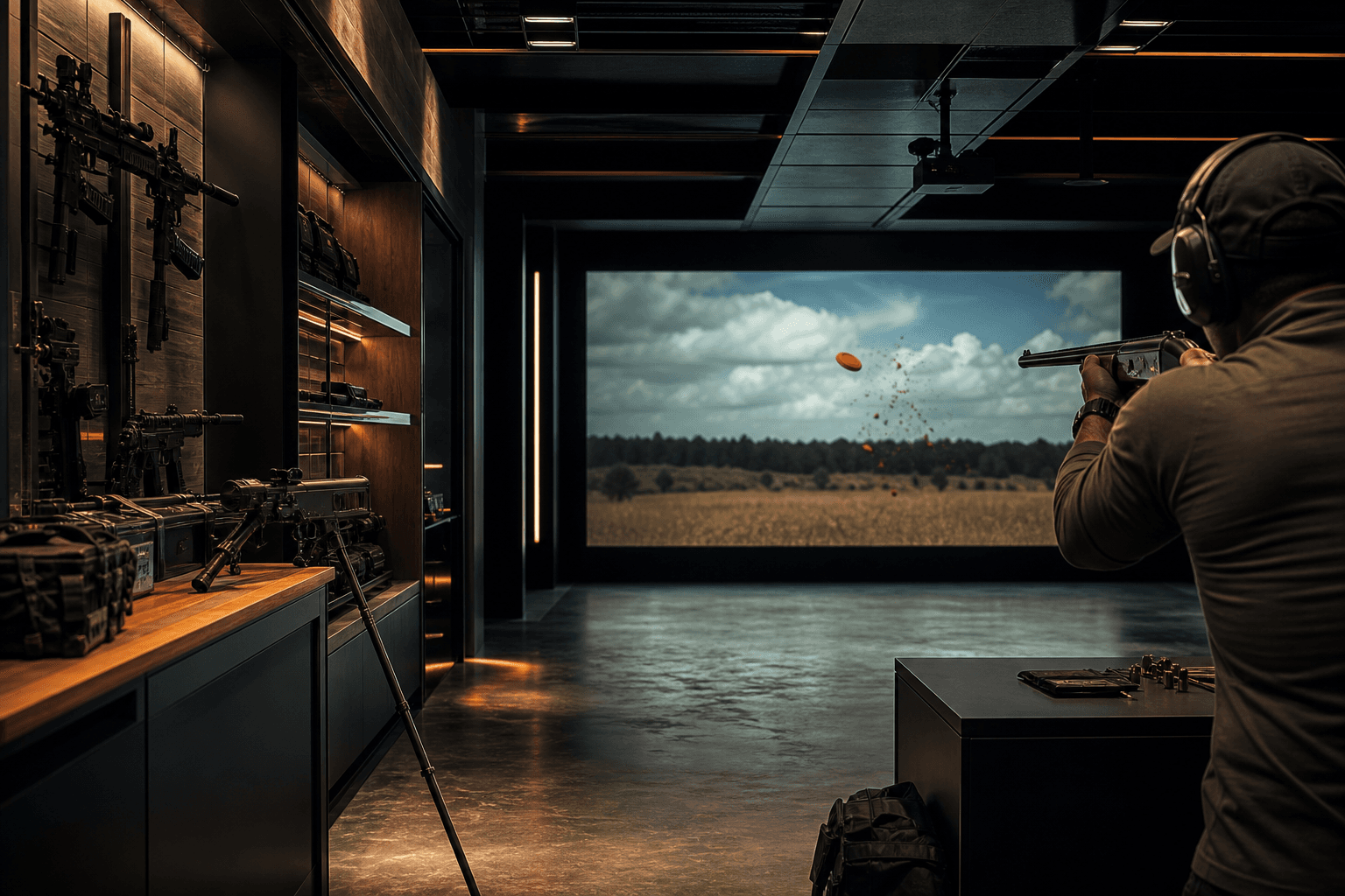 Retail gun shop and shooting range with indoor Marksman simulator booth