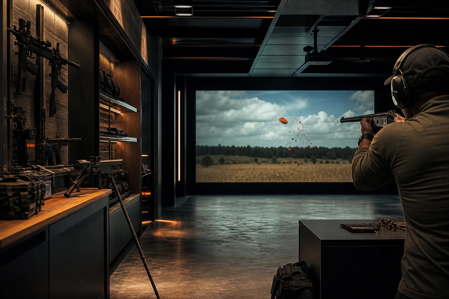 Retail gun shop and shooting range with indoor Marksman simulator booth