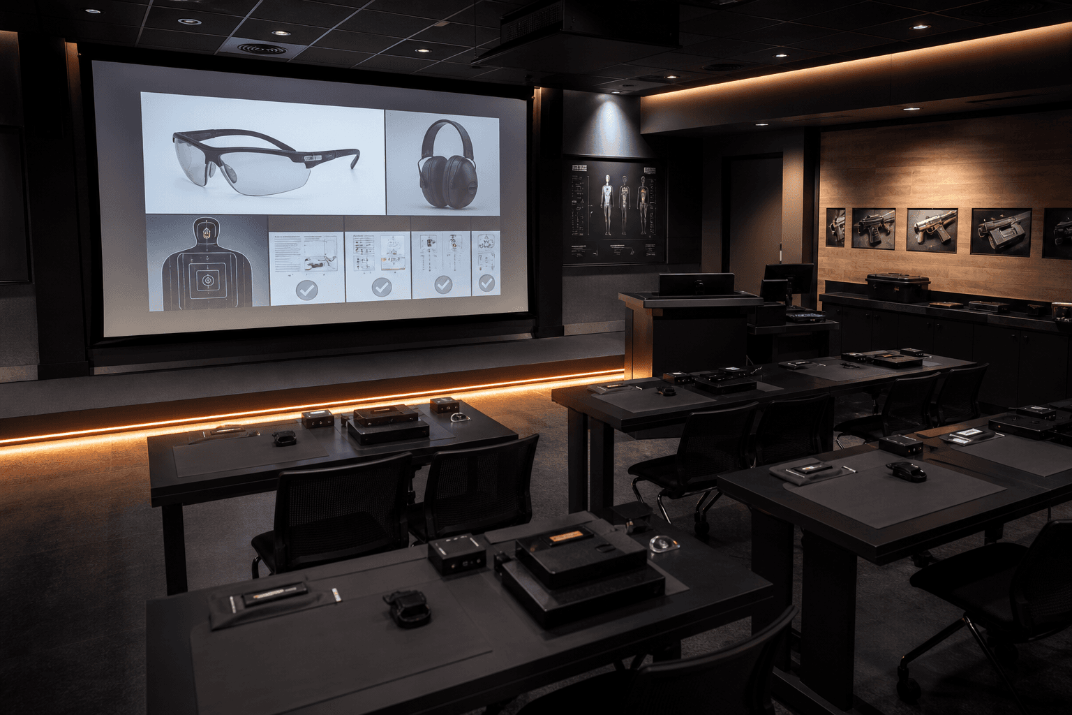 Shooting school training academy with projection-based simulator classroom