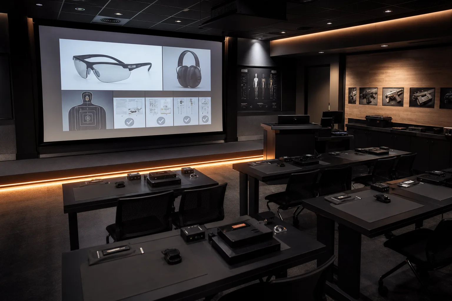 Shooting school training academy with projection-based simulator classroom