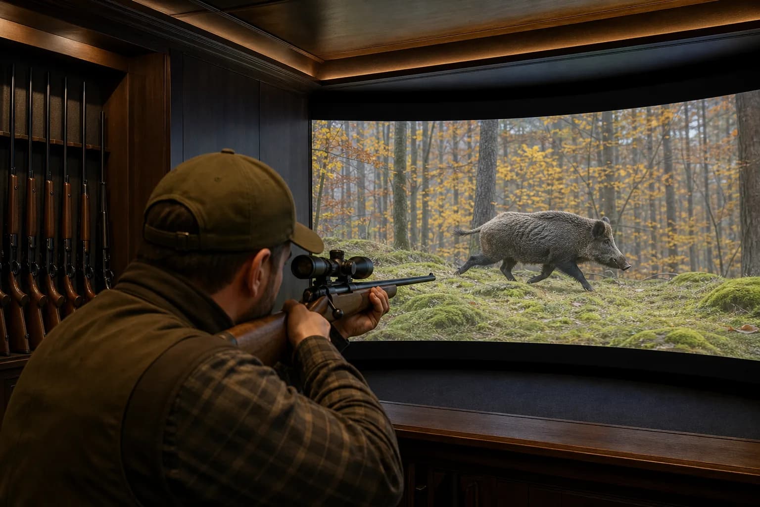 Hunter with rifle aiming at wild boar on a Marksman indoor simulator screen