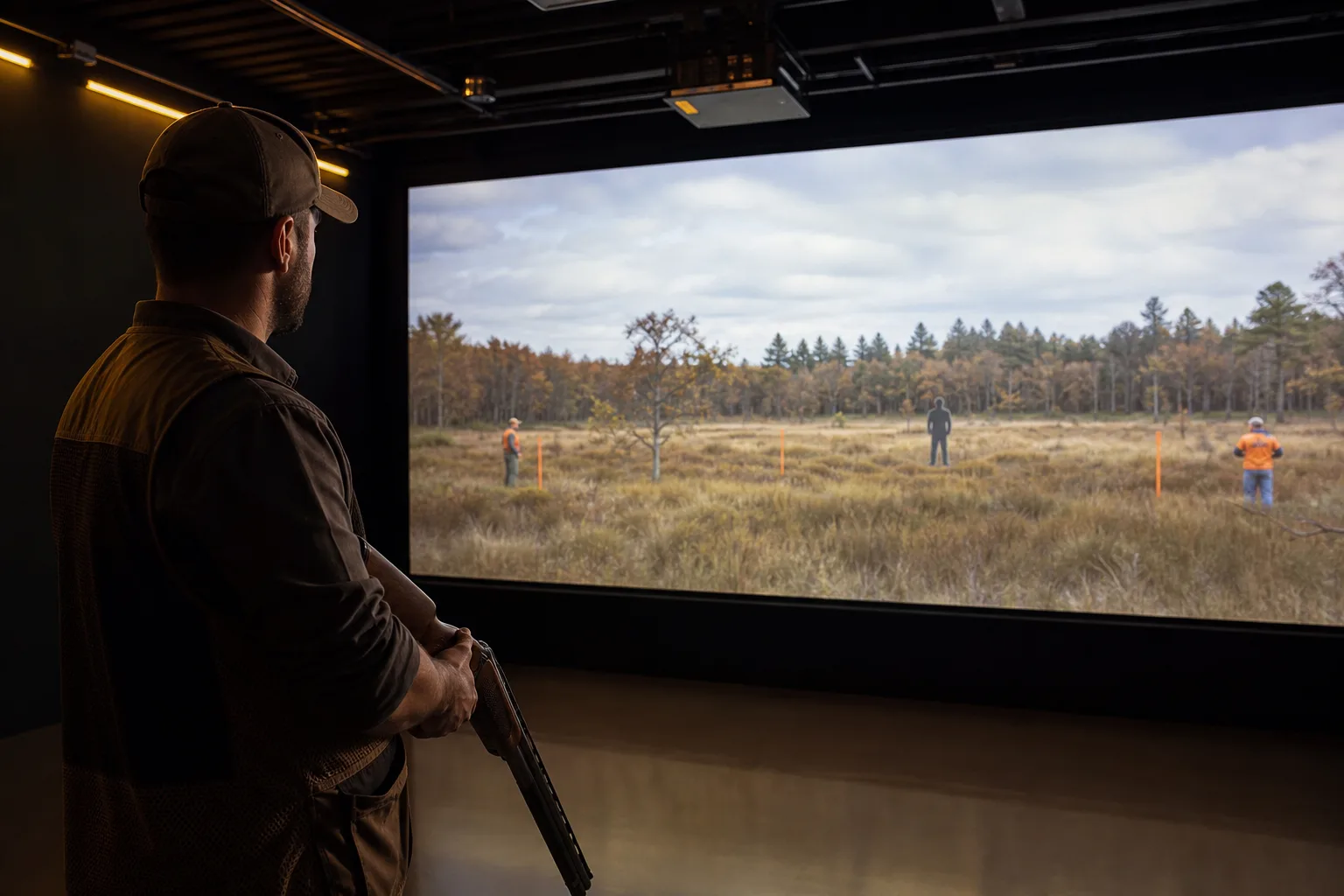Simulator scenario showing safety poles and obstacles during Marksman safety training