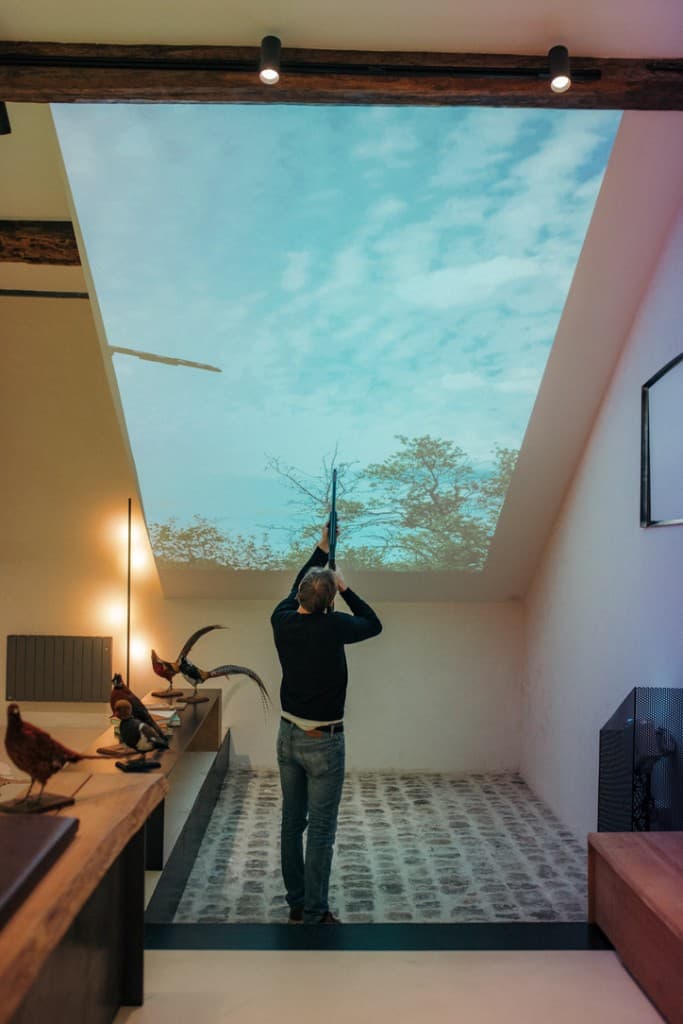 Shooter aiming upward at an angled Driven screen under a sloped ceiling