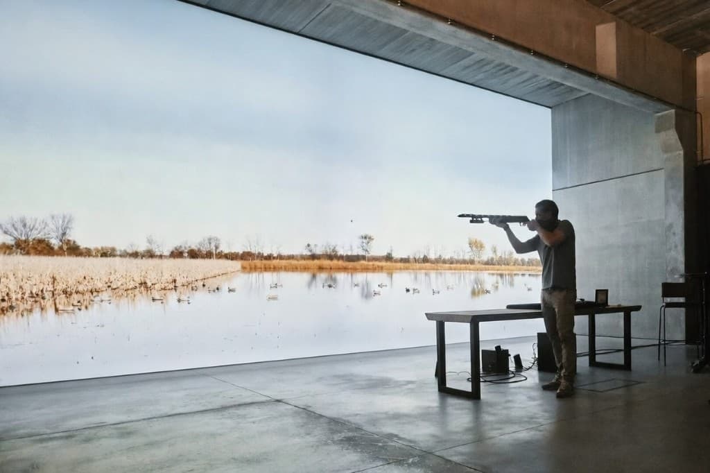 Shooter aiming at a floor-to-ceiling Fit-to-measure projection in a concrete training room