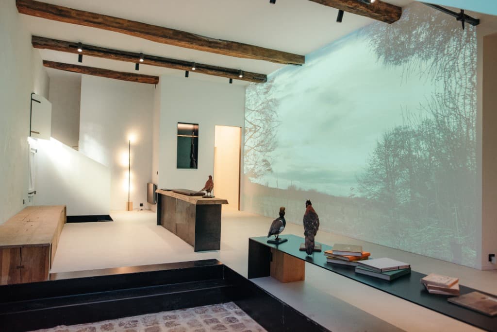Full-wall flat projection in a training lounge with exposed timber beams